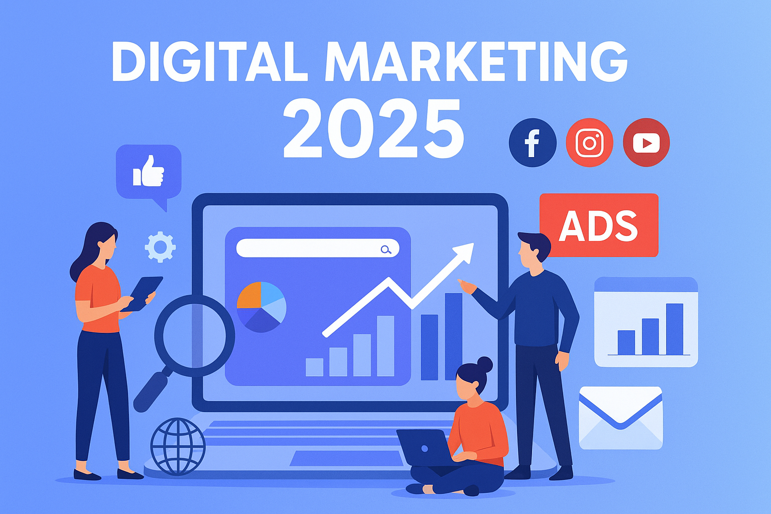 Flat design illustration showing a woman using a laptop with digital marketing icons like megaphone, play button, and analytics chart — representing What Is Digital Marketing Complete Guide for Beginners (2025 Update)
