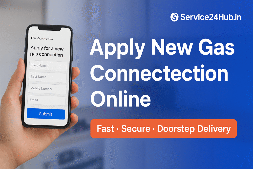 Apply for a new gas connection online via Service24Hub.in shown on a smartphone.