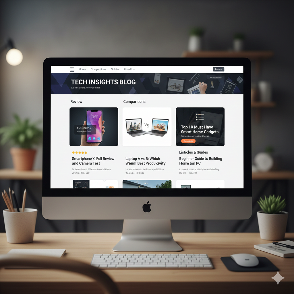 Blog layout showcasing product review posts, comparison articles, and best-of list style content designed for Amazon affiliate marketing websites.