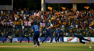 England vs Sri Lanka international cricket match with players on the field and packed stadium crowd