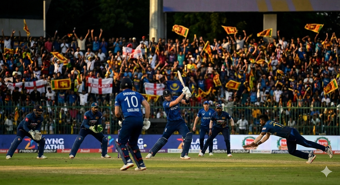 England vs Sri Lanka international cricket match with players on the field and packed stadium crowd