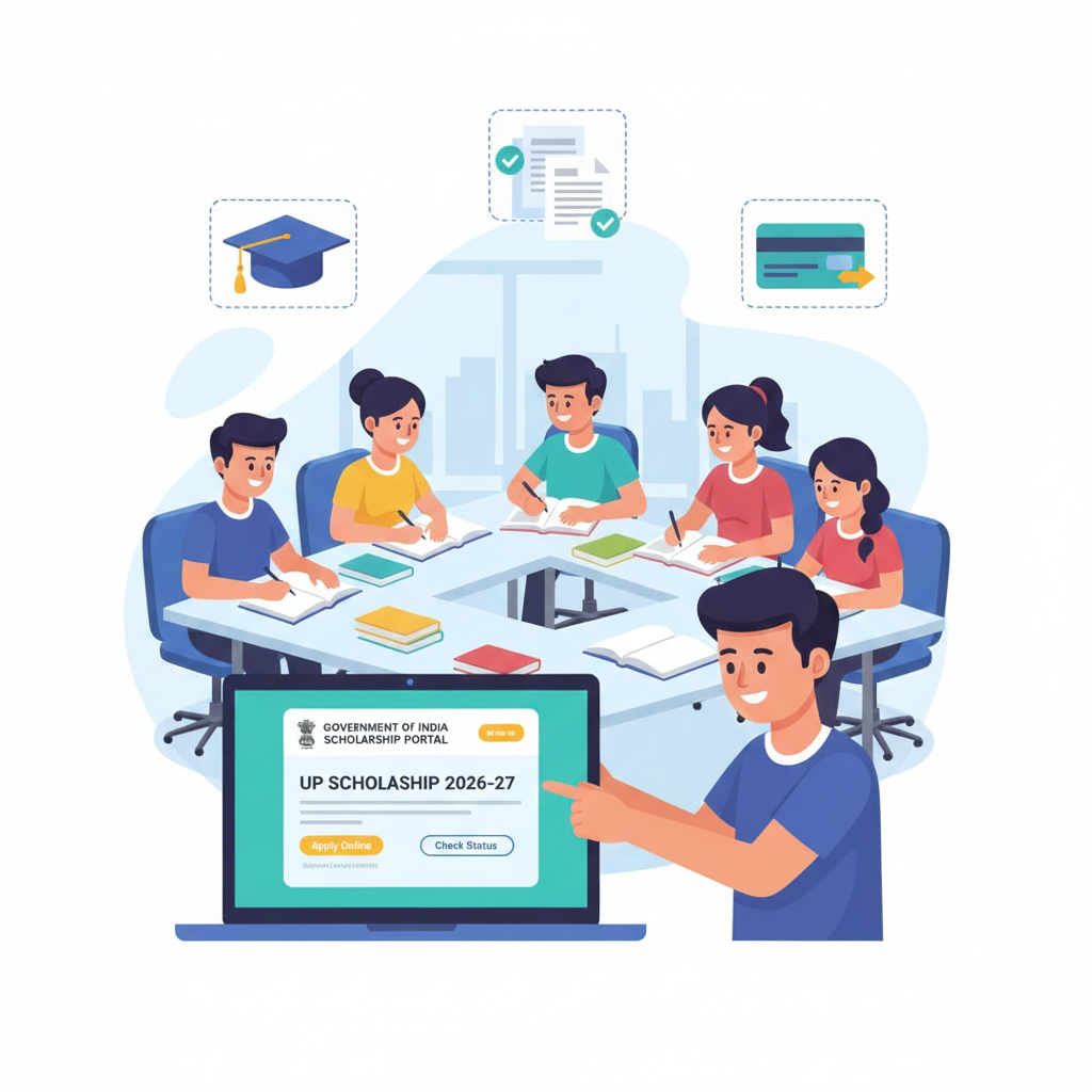 Featured image representing UP Scholarship 2026 with Indian students studying, online application portal, education documents, and scholarship payment concept.