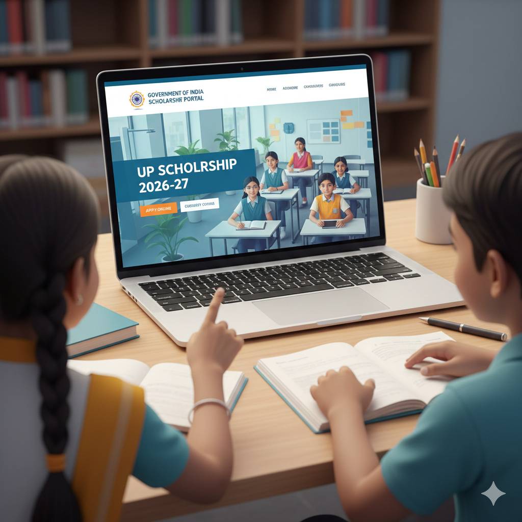 Government education scholarship portal homepage displayed on a laptop screen with a clean user interface and Indian students studying, shown as a professional digital illustration.
