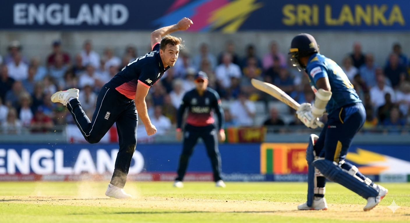 England fast bowler delivering to Sri Lanka batsman during intense England vs Sri Lanka match action