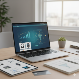 Professional featured image depicting Amazon affiliate marketing, featuring a laptop with performance charts, Amazon products, and digital marketing growth visuals for beginners.