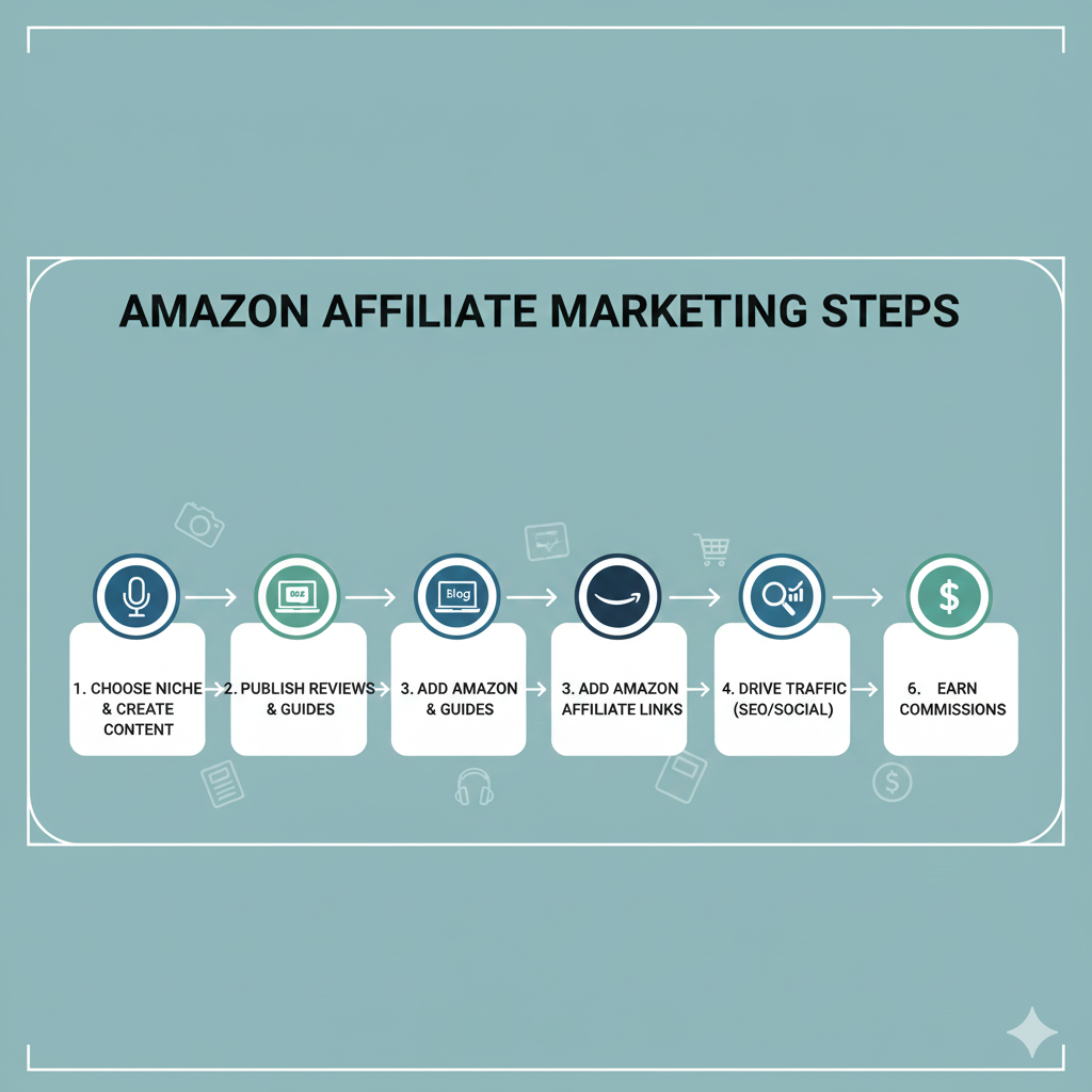 Simple infographic illustrating step-by-step Amazon affiliate marketing process, from niche selection and content creation to traffic generation and earning commissions.
