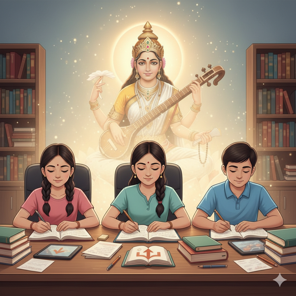 Students studying with books and notebooks, symbolizing concentration, learning, and blessings of Goddess Saraswati for knowledge and wisdom.