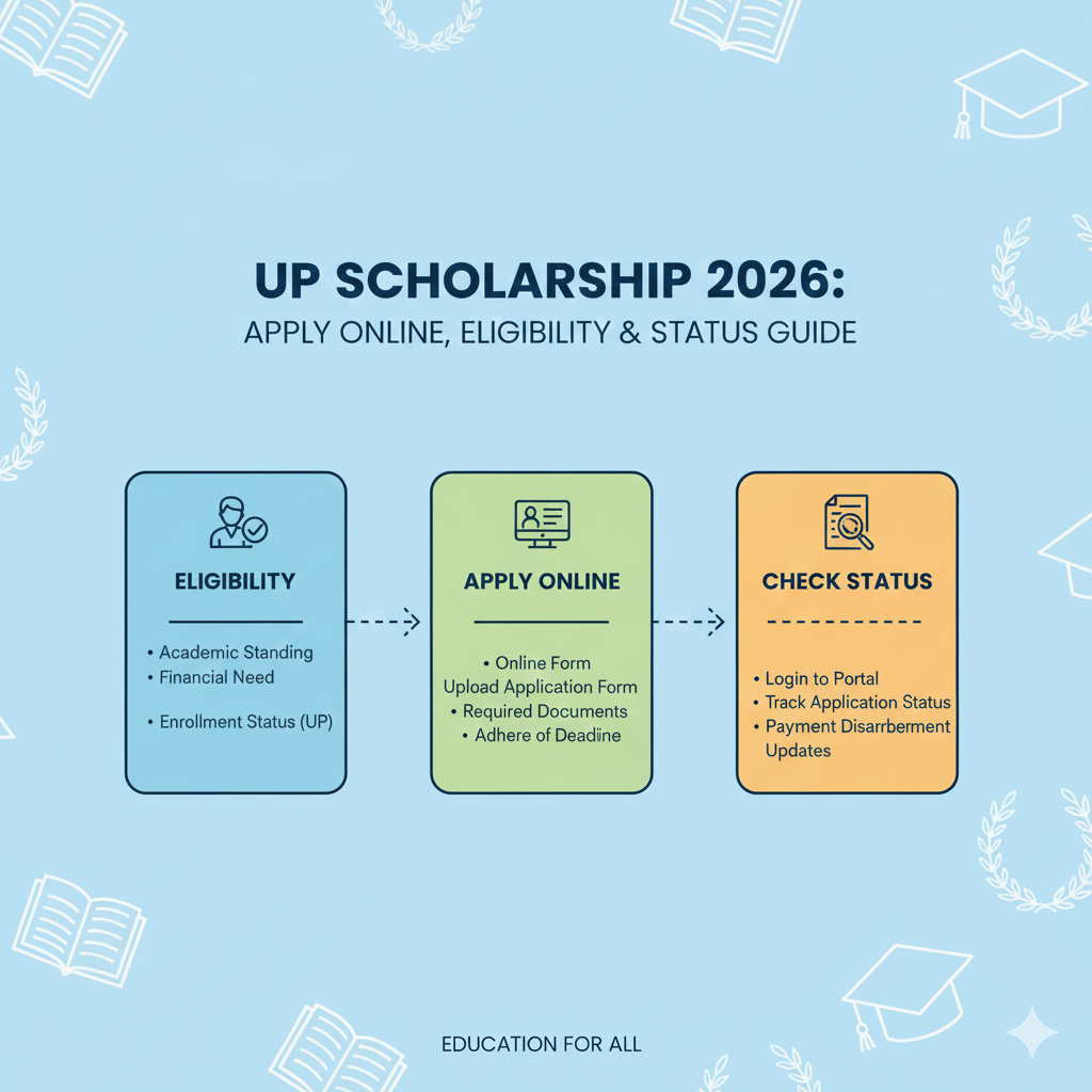 UP Scholarship 2026 guide showing online application process, eligibility criteria, and scholarship status check for students in Uttar Pradesh.