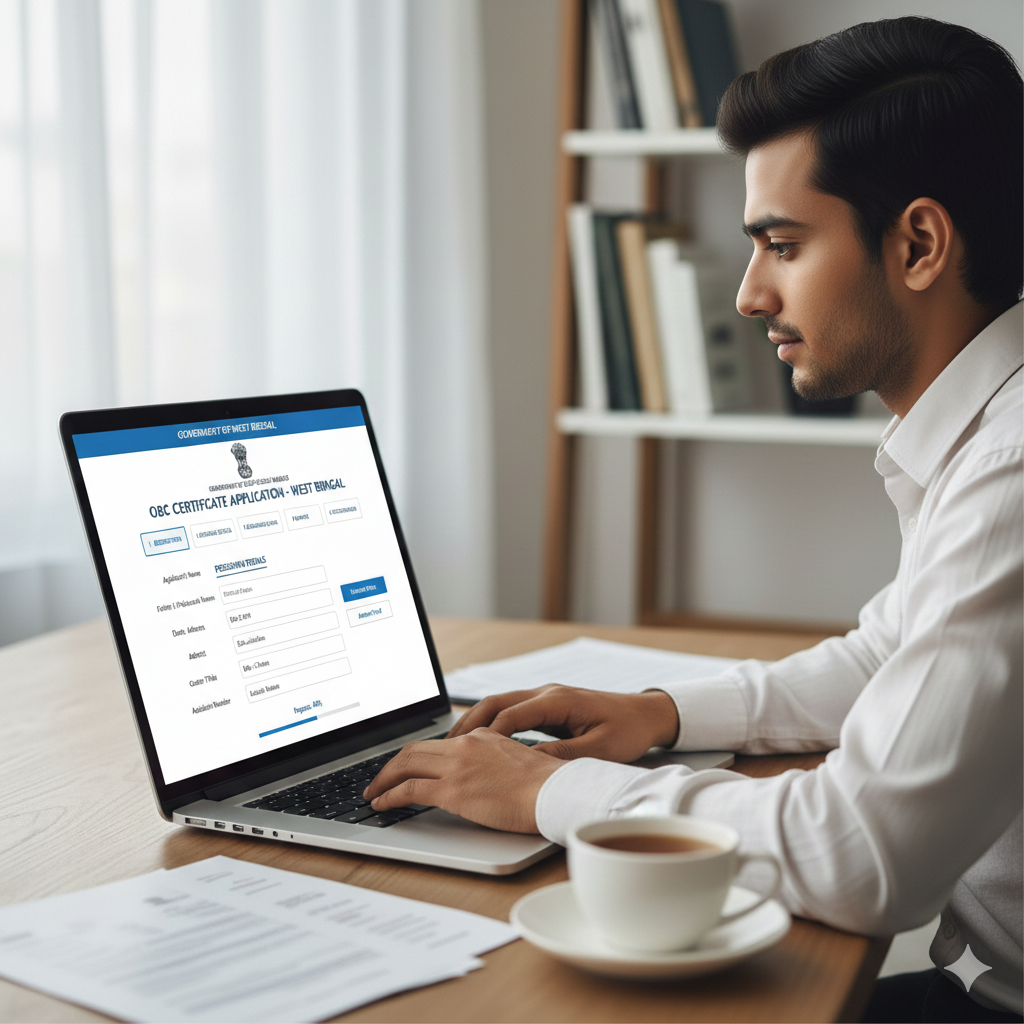 Indian citizen applying for OBC certificate online on West Bengal government portal using a laptop